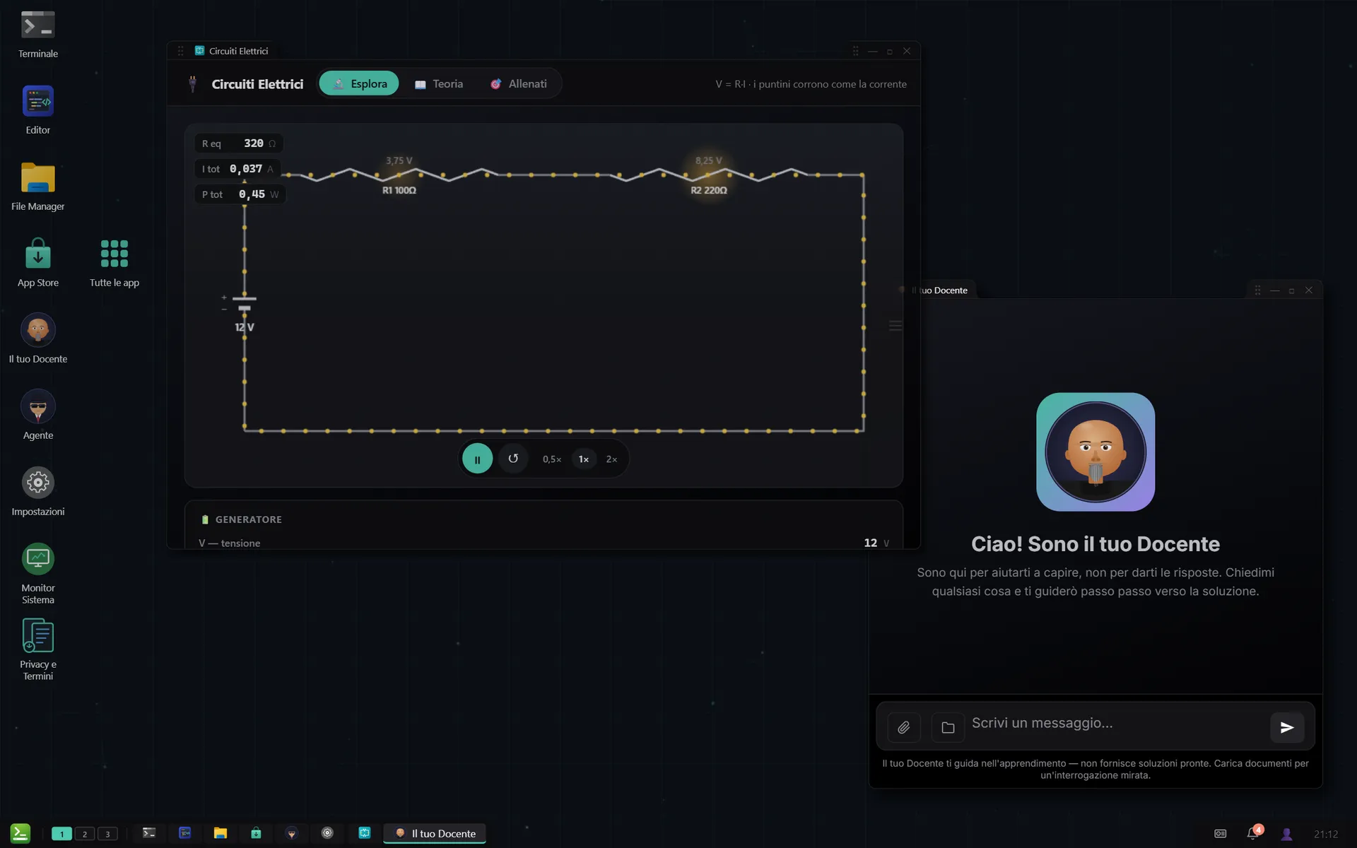 Il desktop reCoding nel browser: finestra con simulazione di circuiti elettrici e tutor AI affiancati