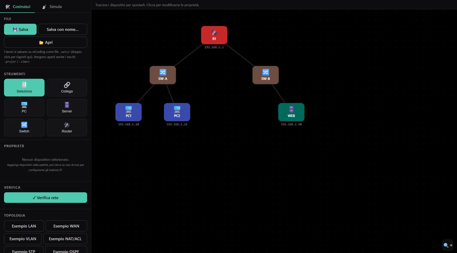 Il laboratorio di reti di reCoding: topologia con router, switch, PC e server, palette dispositivi e verifica rete